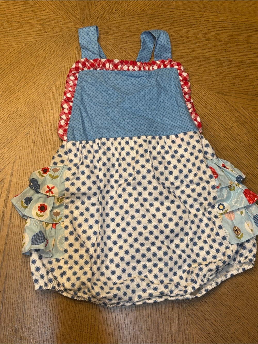 R&R Blue Patterned Girls' Romper with Floral Ruffle Accents SIZE 3t